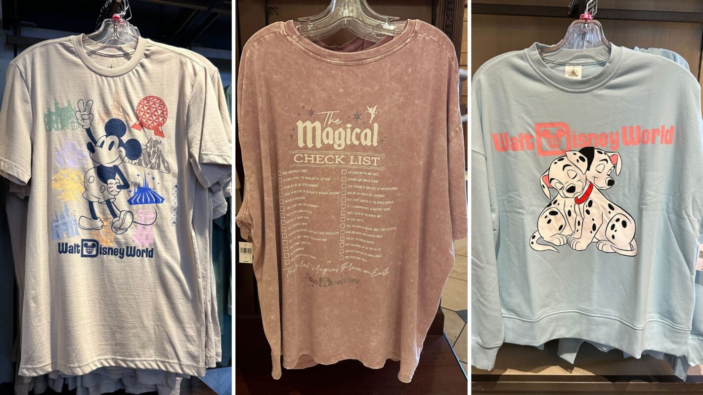 Three Disney-themed t-shirts are displayed on hangers: one with Mickey and Minnie, one with a "Magical Checklist," and one featuring characters from "101 Dalmatians.