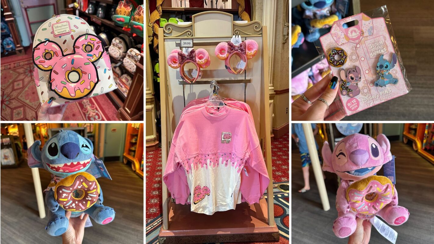 A display of themed merchandise featuring Disney characters Stitch and Minnie Mouse, including plush toys, headbands, a shirt, and a pin set—all with a pink and donut theme inspired by Disney Eats.