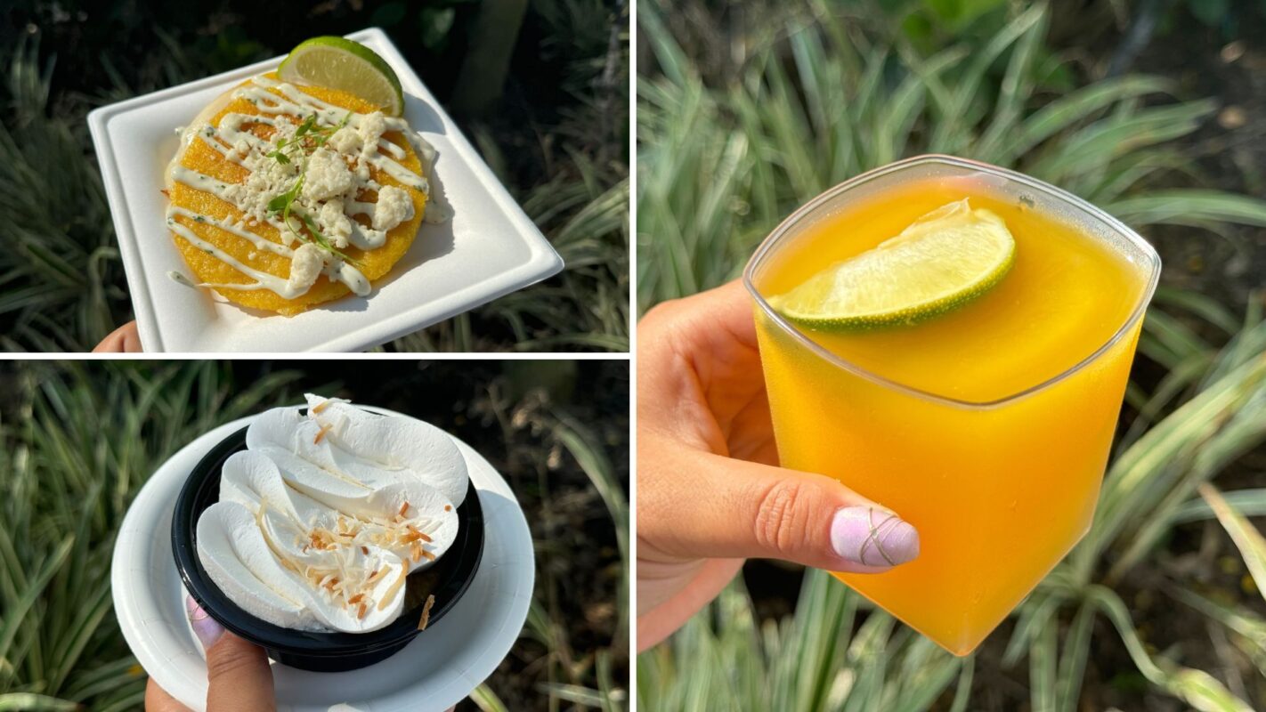 Three images showcase a small arepa on a white plate, a hand holding a yellow beverage with a lime slice, and a tres leches nestled in a black bowl. The background features lush green foliage.