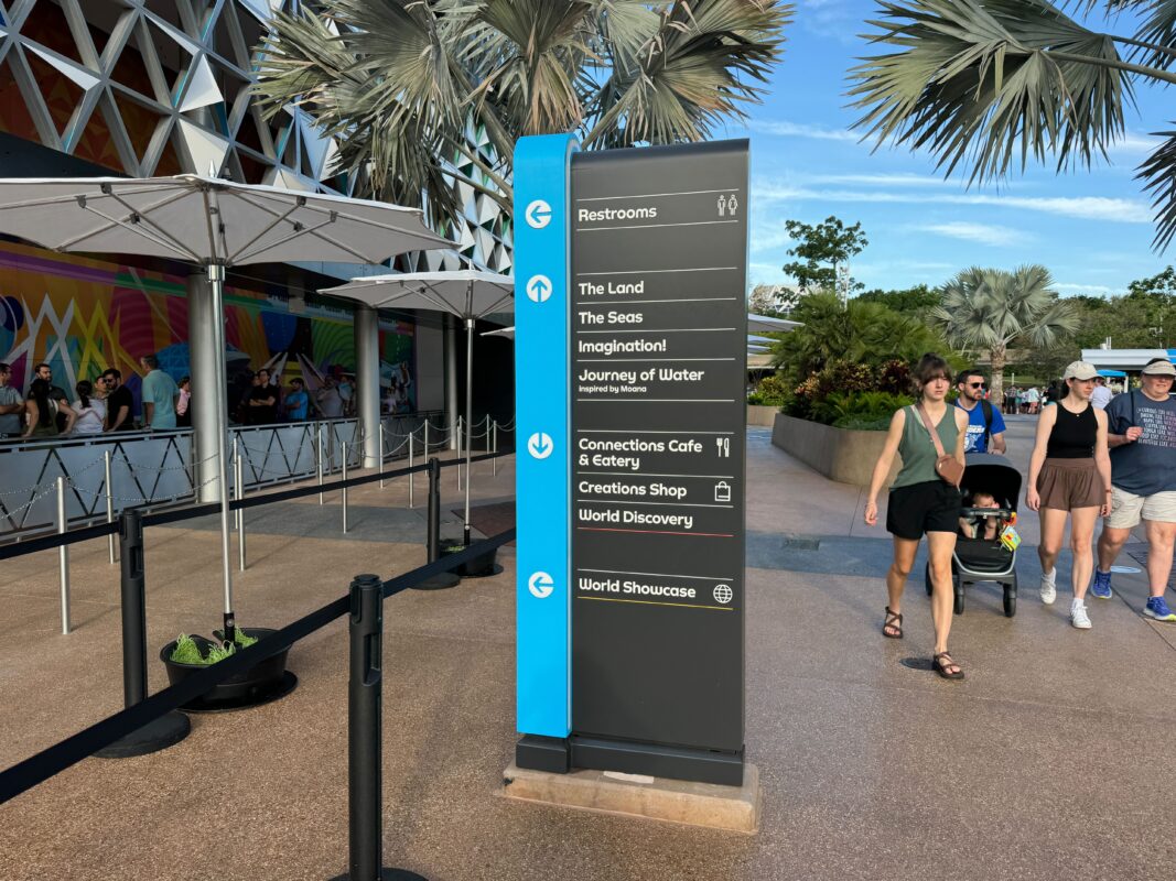 A directional sign in a theme park shows directions to various attractions, restrooms, and dining options. People are walking past, including a person pushing a stroller.