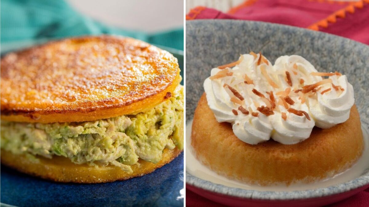 Two dishes on separate plates: the left features a sandwich with a golden brown crust and creamy filling, and the right shows a dessert topped with whipped cream and toasted coconut on a blue plate.