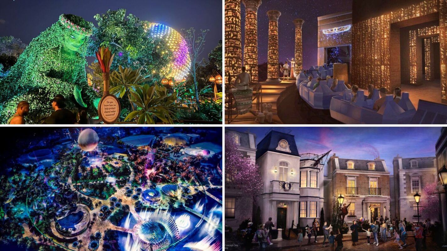 A collage of four theme park scenes: a colorful night-lit garden, an ancient Egyptian-themed ride, an illuminated aerial view of a park at night, and a charming street with European architecture—imagine Epcot in a delightful reimagining.