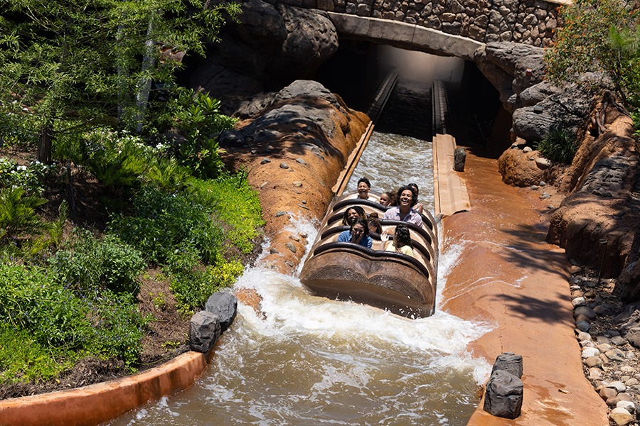 A group of people ride a log flume down a water chute, emerging from a rocky tunnel, surrounded by greenery on a sunny day.