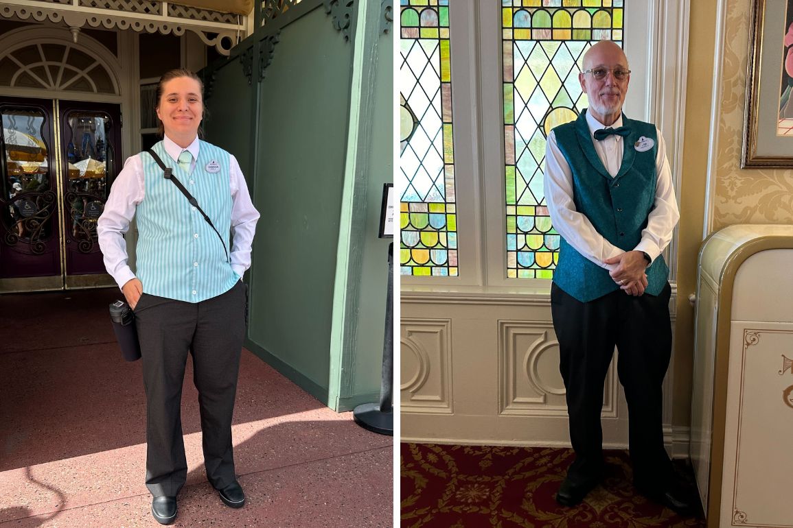 Two individuals in themed cast member costumes. The person on the left wears a light blue vest and light blue tie, standing outside. The person on the right wears a teal vest and bow tie, standing inside.