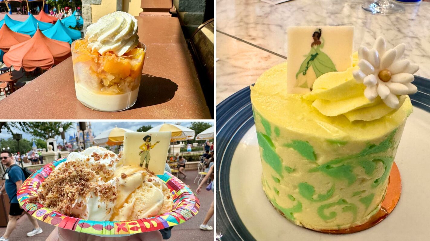 A collage of three desserts inspired by The Princess and the Frog, including a parfait, an ice cream dish, and a decorated cake each featuring Tiana-themed decorations.