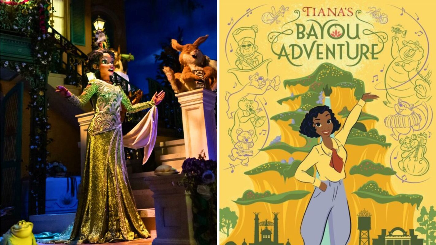 Left: A performer dressed as Princess Tiana stands in an ornate outdoor setting at night. Right: Poster of "Tiana's Bayou Adventure" featuring an animated Tiana, surrounded by various characters and elements, providing everything you need to know about her enchanting journey.