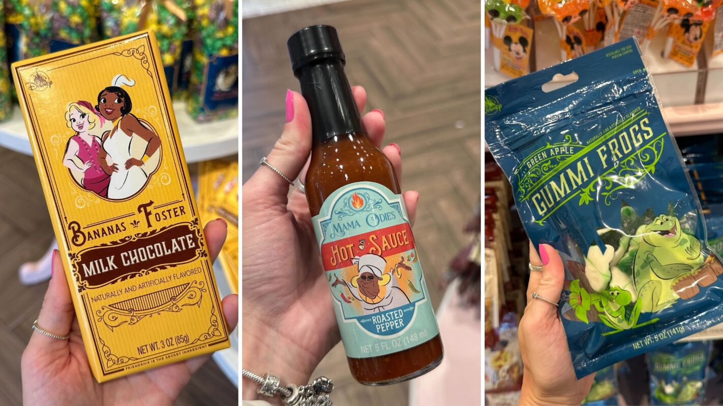 Person holding Bananas Foster Milk Chocolate, Mama Odie's Hot Sauce, and Gummy Frogs in separate images, showcasing them in a store environment.