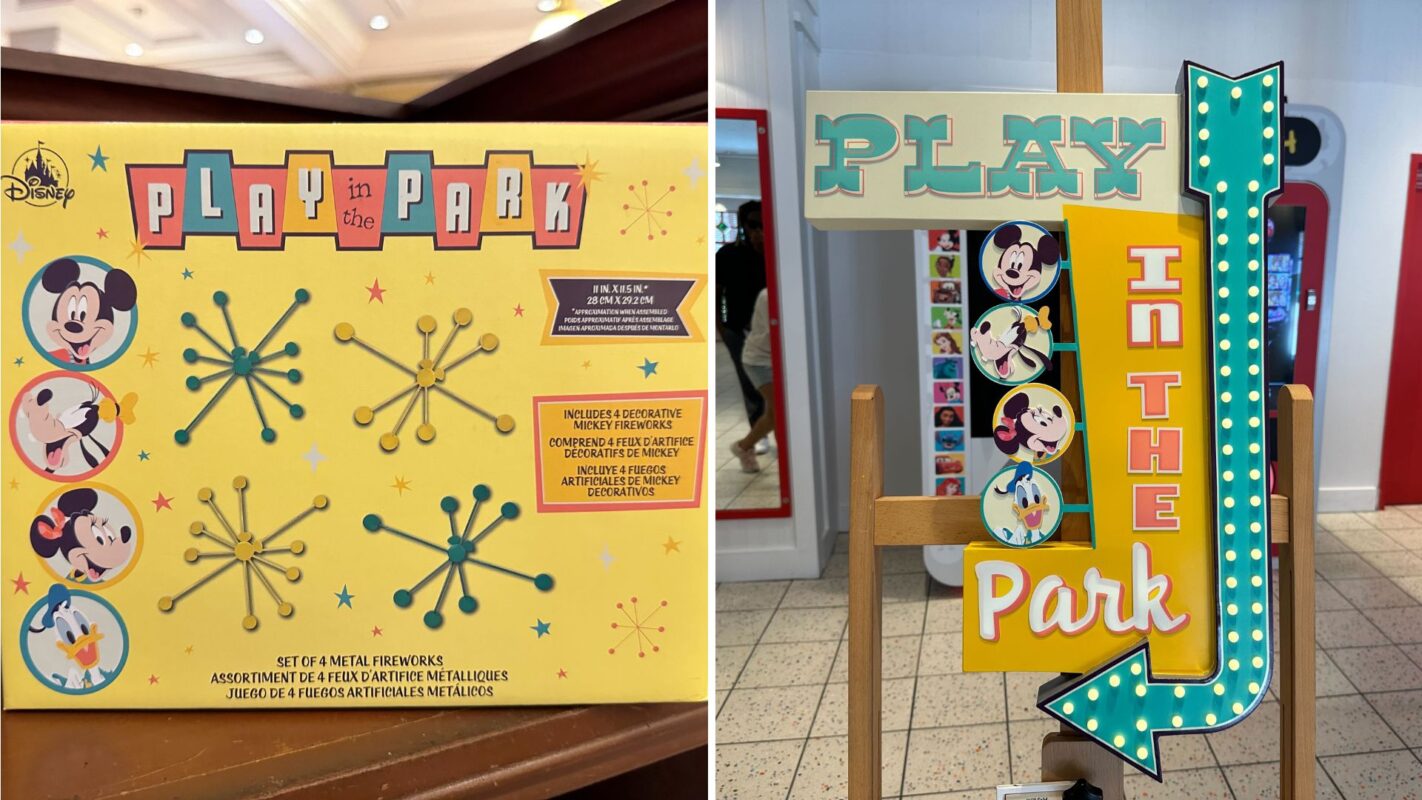 A "Play in the Park" game set display featuring bright colors, with playful images of cartoon characters and a signboard with arrows pointing to the game area.