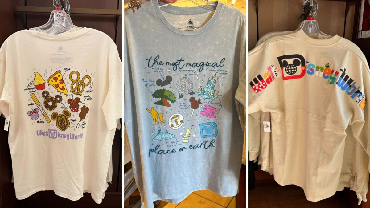 Three Disney-themed T-shirts on hangers: the first features playful icons and "Walt Disney World," the second with the phrase "the most magical place on earth," and the third showing colorful emojis.