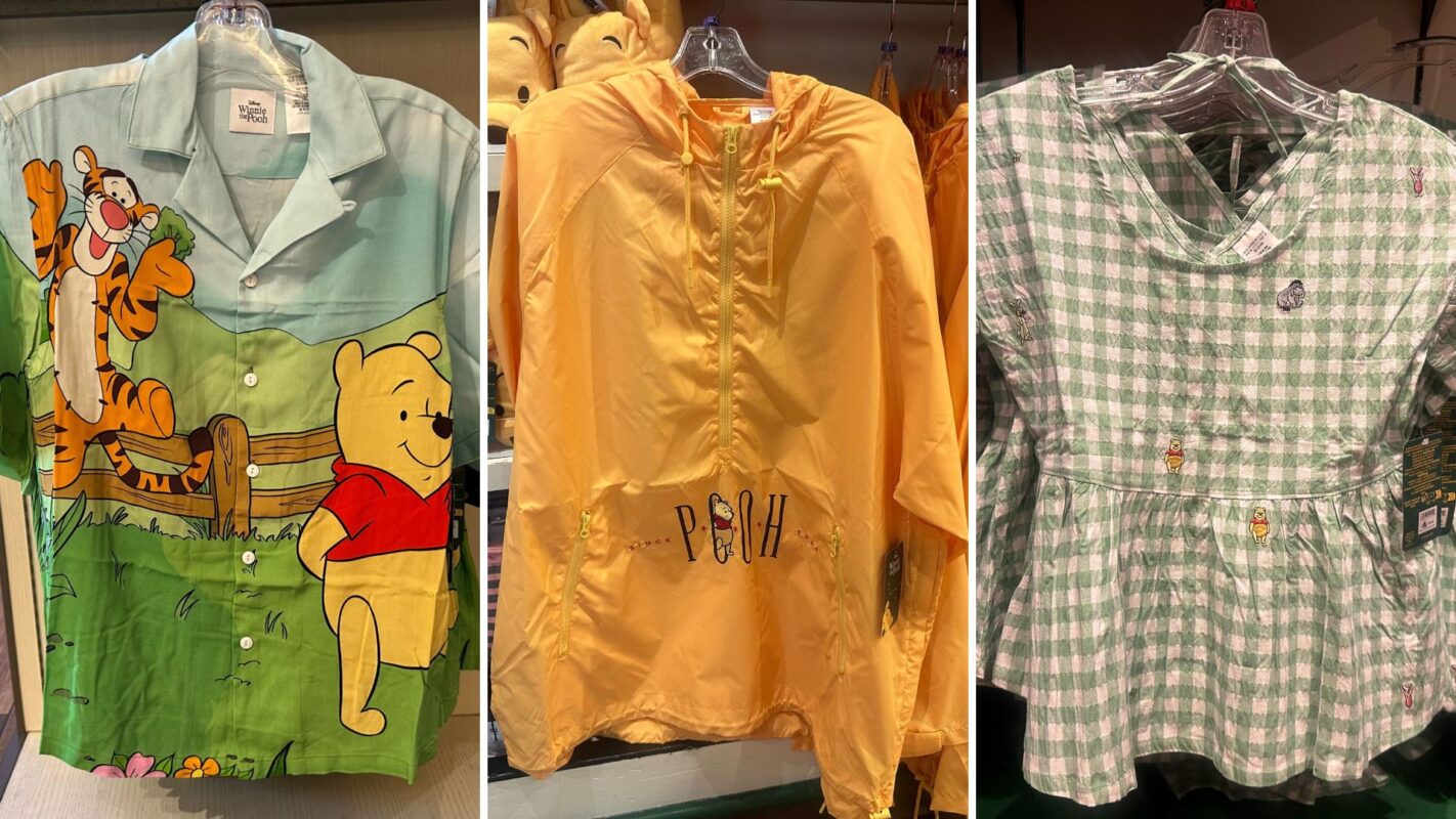 Displayed apparel includes a button-up shirt with Tigger and Winnie the Pooh prints, a yellow jacket with "Pooh" text, and a green and white checkered dress with a subtle design.