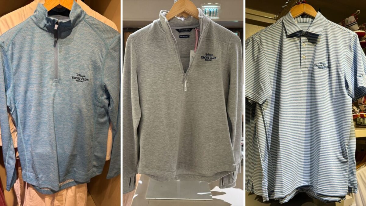 Three men's tops on hangers: a light blue quarter-zip pullover, a grey quarter-zip pullover, and a light blue and white striped polo shirt. All display a small embroidered "Yacht Club" logo.