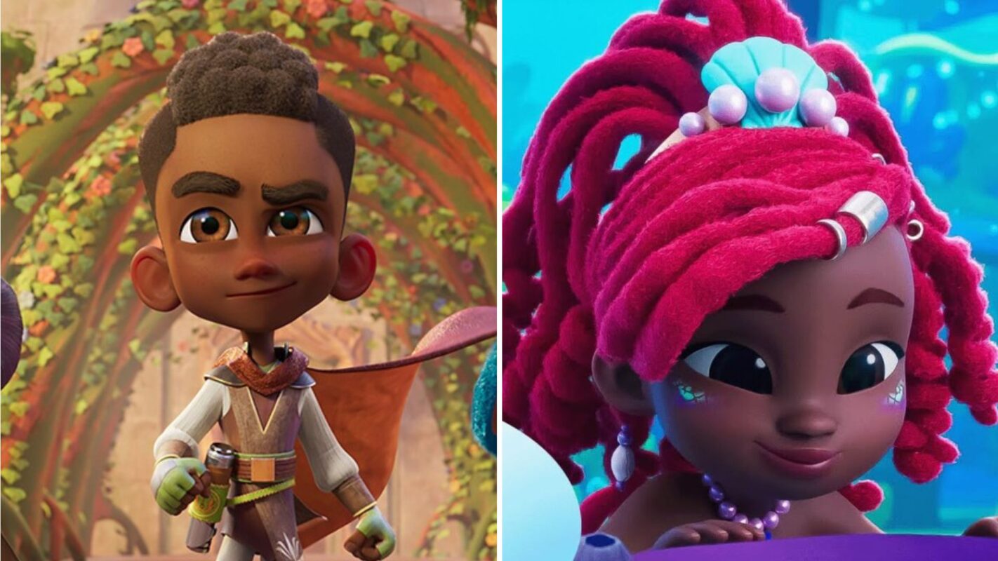 An animated boy wearing medieval-style clothing and holding a sword stands confidently beside an animated girl with red braided hair decorated with beads, smiling in a vibrant setting.