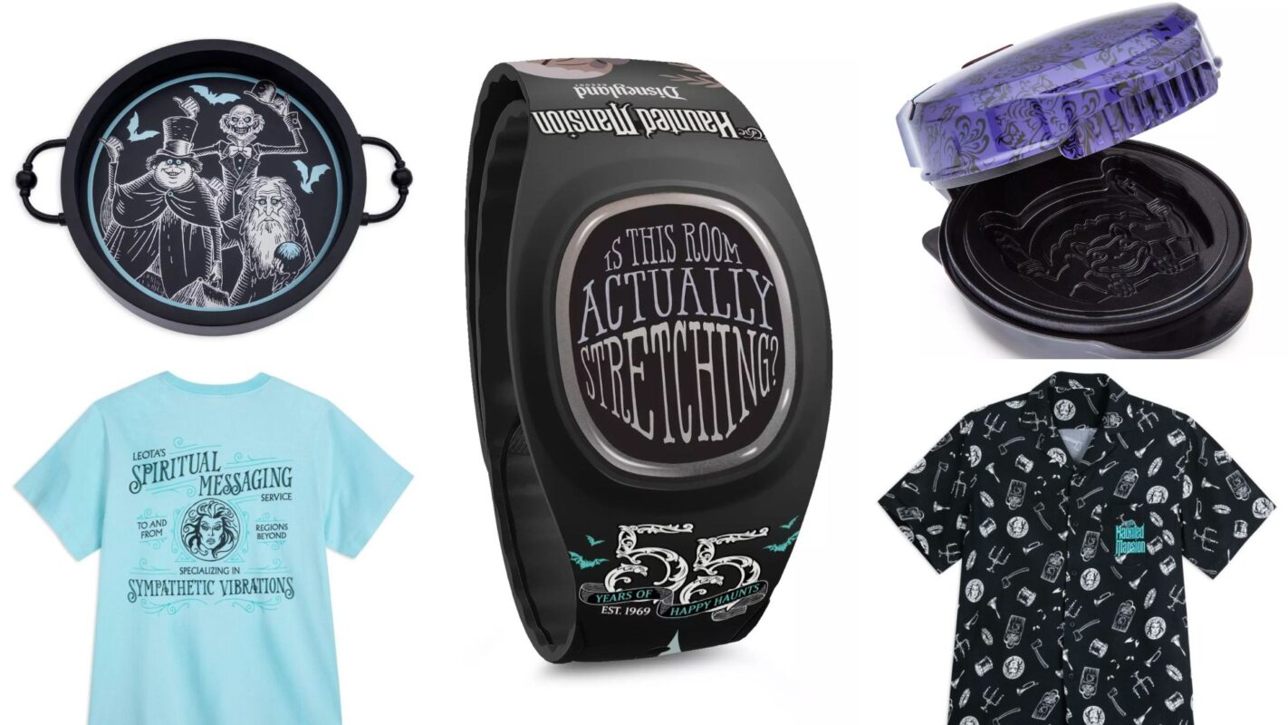 Collage of themed merchandise from the Disney Store: a metal tray with illustrated characters, a black wristband, a purple container, an aqua t-shirt with printed messaging, and a black button-up shirt with white symbols celebrating the Haunted Mansion's 55th Anniversary.