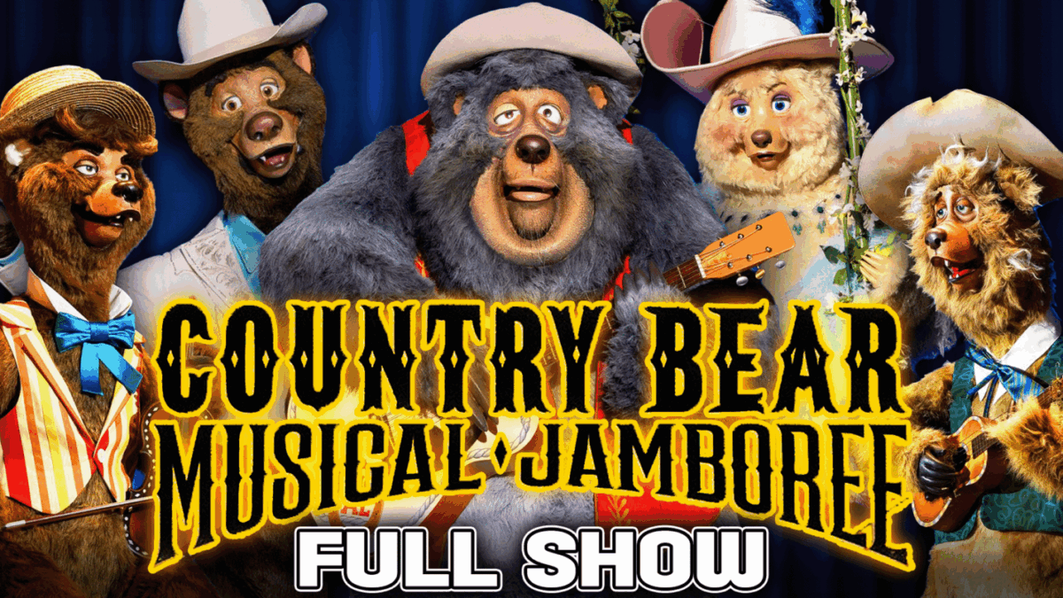 Image of five anthropomorphic bears in country attire with the text "Country Bear Musical Jamboree - Full Show" in front.