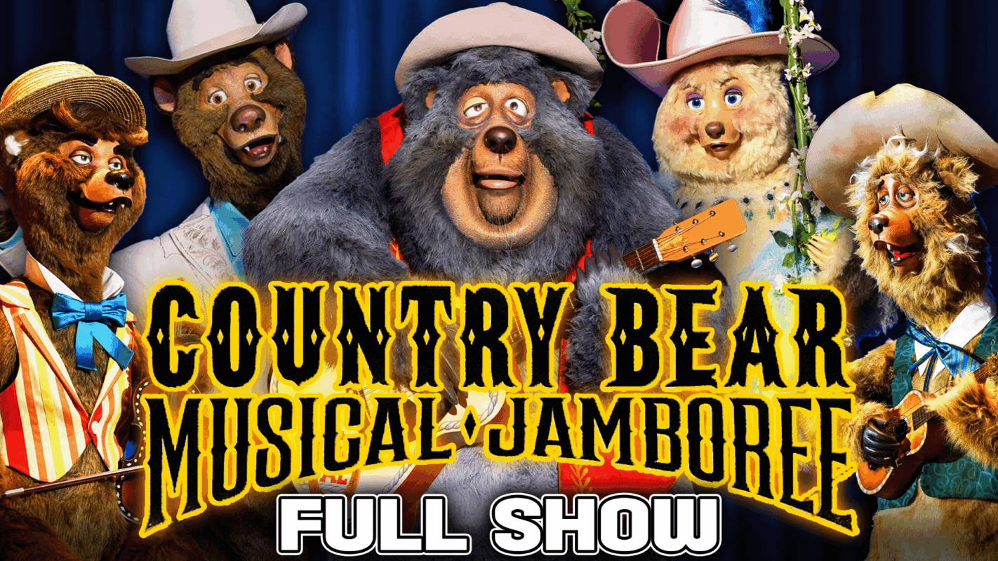 Image of five anthropomorphic bears in country attire with the text "Country Bear Musical Jamboree - Full Show" in front.