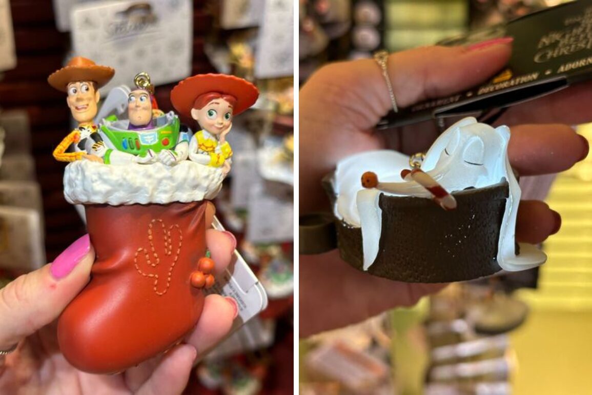 Two images show Christmas ornaments. Left: Woody, Buzz Lightyear, and Jessie in a red stocking. Right: Zero from "The Nightmare Before Christmas" in a black bathtub.