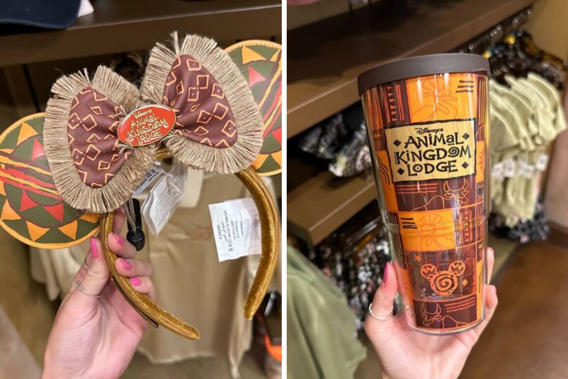 Left: A pair of themed ears with an "Animal Kingdom Lodge" pin, and a patterned bow. Right: An "Animal Kingdom Lodge" tumbler with decorative prints and patterns, displayed in a retail setting.