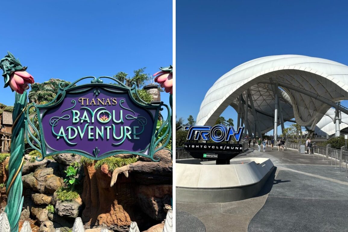 Split image showing signage for two theme park attractions: "Tiana's Bayou Adventure" and "TRON Lightcycle / Run." The left side features a colorful, nature-themed sign; the right side shows a sleek, futuristic entrance.