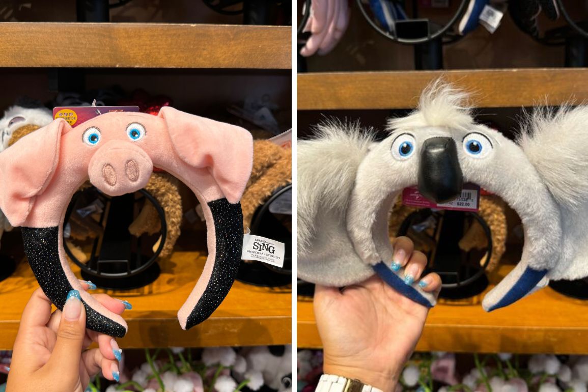 Two images of hand-held headbands with animal-themed designs: a pink pig headband on the left and a gray koala headband on the right, displayed in a store.