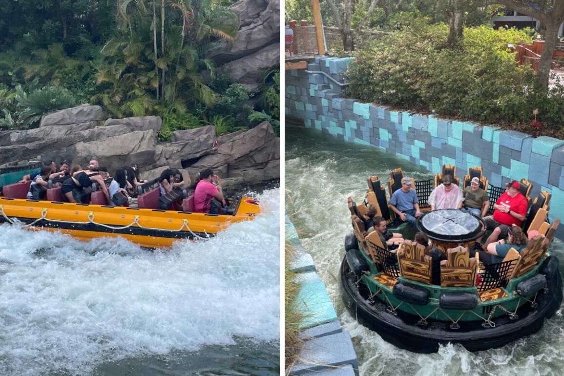 Two amusement park rides: left, people ride a yellow water raft on a rapid stream; right, people in a circular raft navigate a water ride with blue walls and greenery in the background.