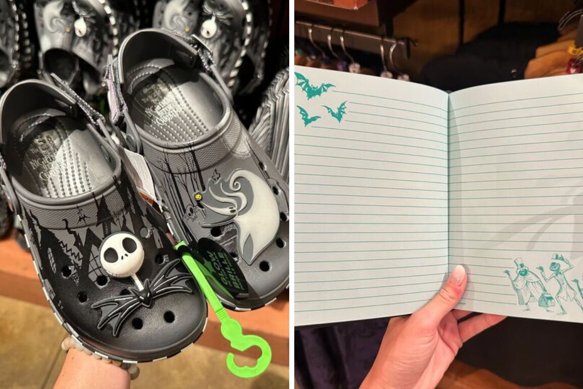 A pair of black and white patterned Crocs with Halloween-themed decorations, and an open lined notebook with light green Halloween illustrations, held by a person.