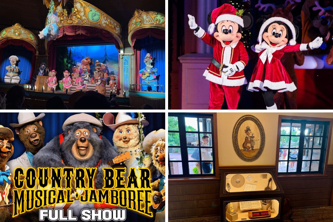 A collage of four images: an animatronic bear band on stage, two costumed characters in holiday outfits, a show poster featuring bears, and a display case with memorabilia—a perfect daily recap of the enchanting moments experienced.
