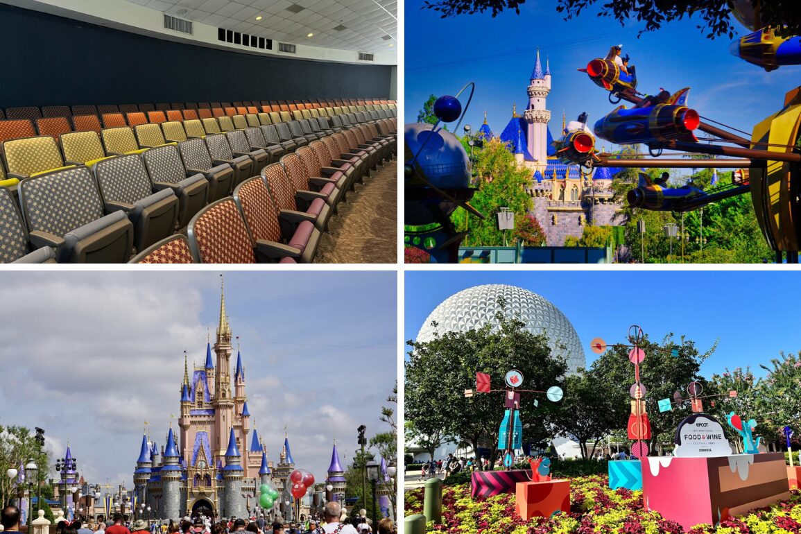 A photo collage with an empty auditorium, rides near a fairytale castle, a crowd by a large castle, and a theme park scene featuring a geodesic dome and food stalls, captures the daily recap of this enchanting adventure.