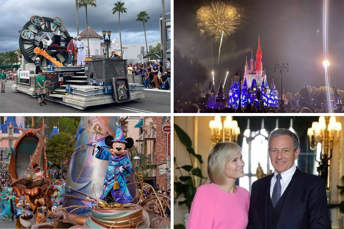 Collage of Disneyland images: top left shows a parade float, top right shows a castle with fireworks, bottom left depicts a character in a parade, and bottom right features two people in formal attire, perfect for your daily recap of magical moments.