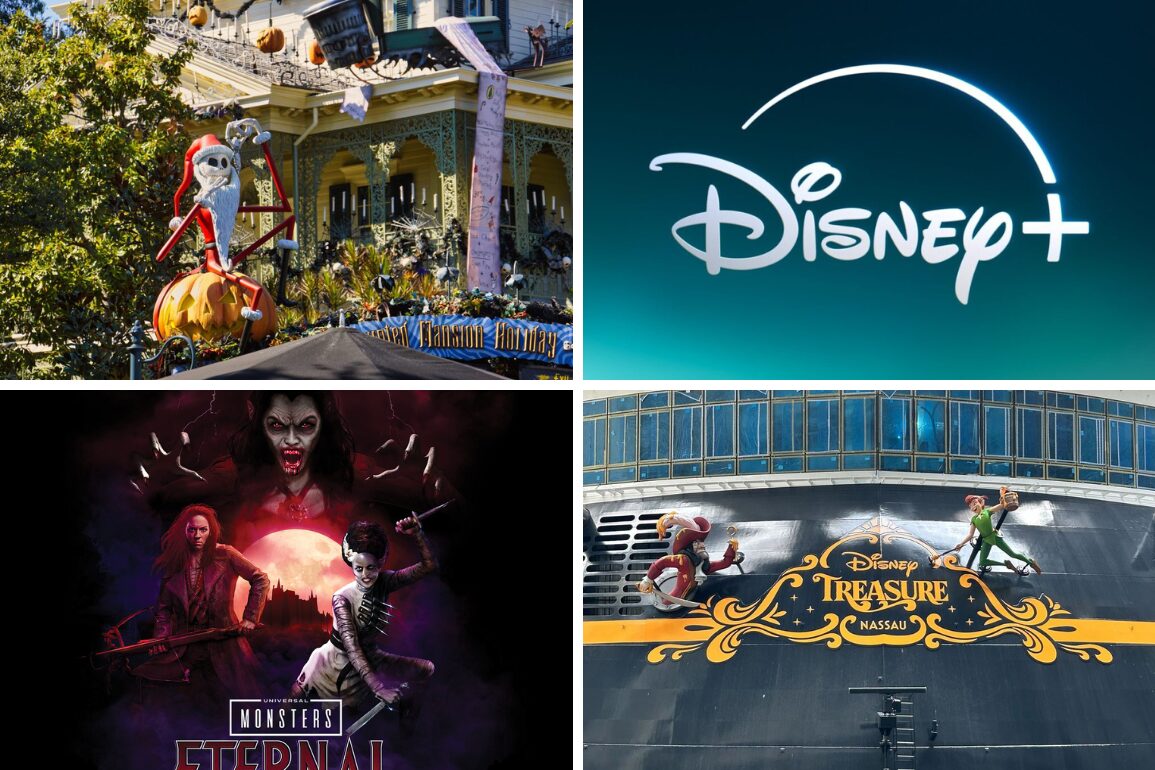 A collage of four images: a decorated haunted house, the Disney+ logo, a promotional poster for "Monsters Eternal," and a view of Disney Treasure ship with Halloween figures, perfect for your daily recap.