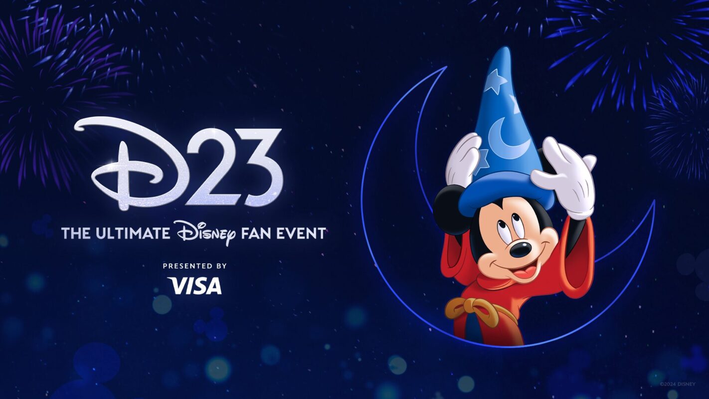 Image promoting the 2024 D23 Ultimate Fan Event, presented by Visa. It features Mickey Mouse in a wizard costume against a dark, starry background with fireworks. Reserve a spot for exclusive panels & experiences!