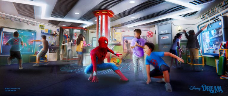 Children interact with a person in a Spider-Man costume in a futuristic room filled with screens and interactive displays. The room has a vibrant and playful atmosphere.
