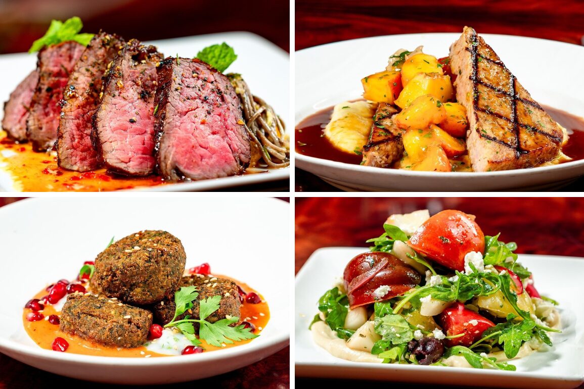 A collage of four plated dishes: grilled steak slices, a fruit-topped meat entrée, fried croquettes on sauce, and a colorful mixed salad.
