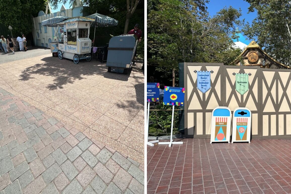 An outdoor concession stand with an umbrella. Adjacent image shows a wall with whimsical murals of a door, ice cream, and directional signs amidst trees under a clear sky, creating a charming small world atmosphere.