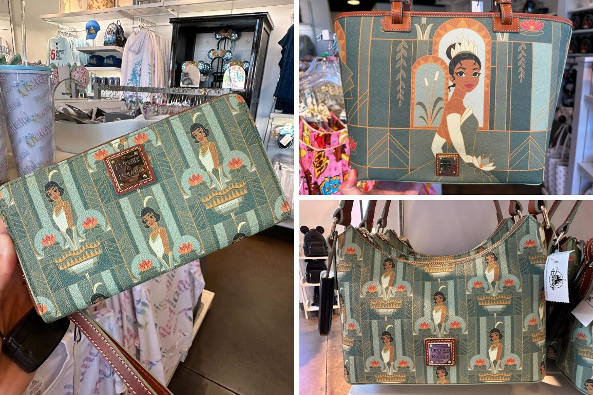 Three different styled handbags featuring an illustrated pattern of a fashionable woman in a white dress, reminiscent of Princess Tiana's elegance, displayed in a retail store.