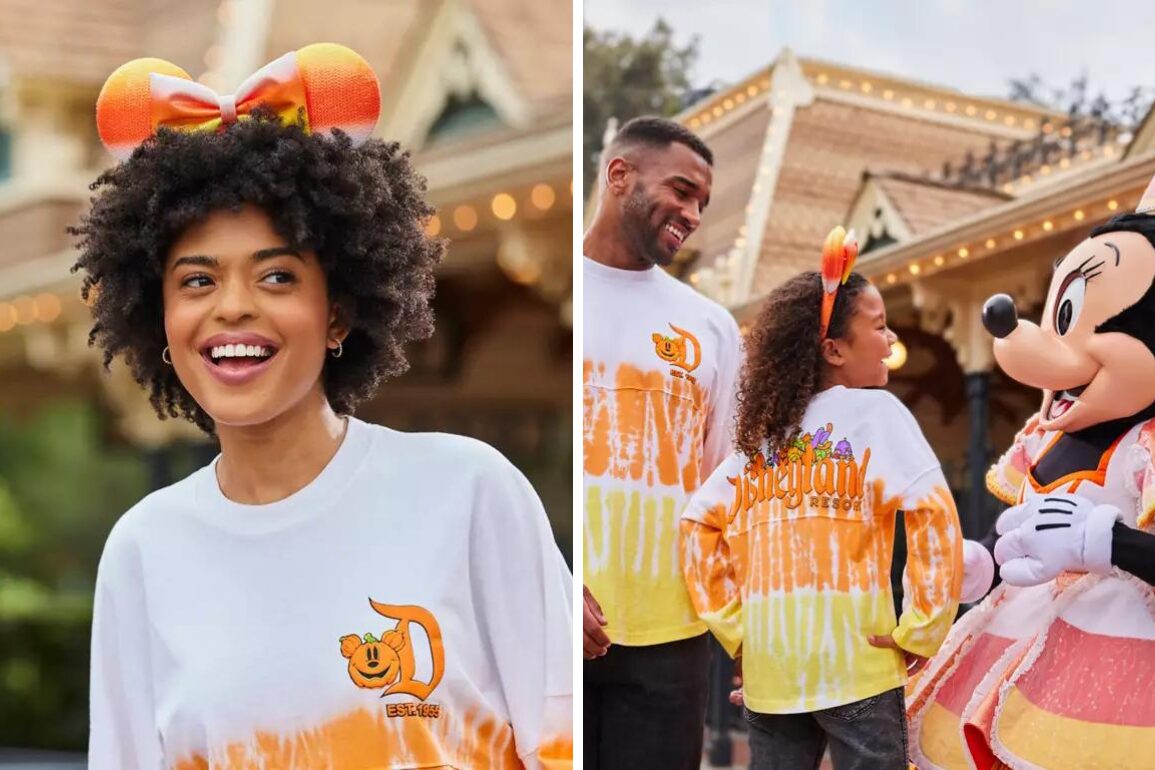 Smiling woman wearing Mickey ears and a themed shirt. Also pictured are an adult and child in themed shirts, engaging with a Mickey Mouse character at what appears to be a theme park.