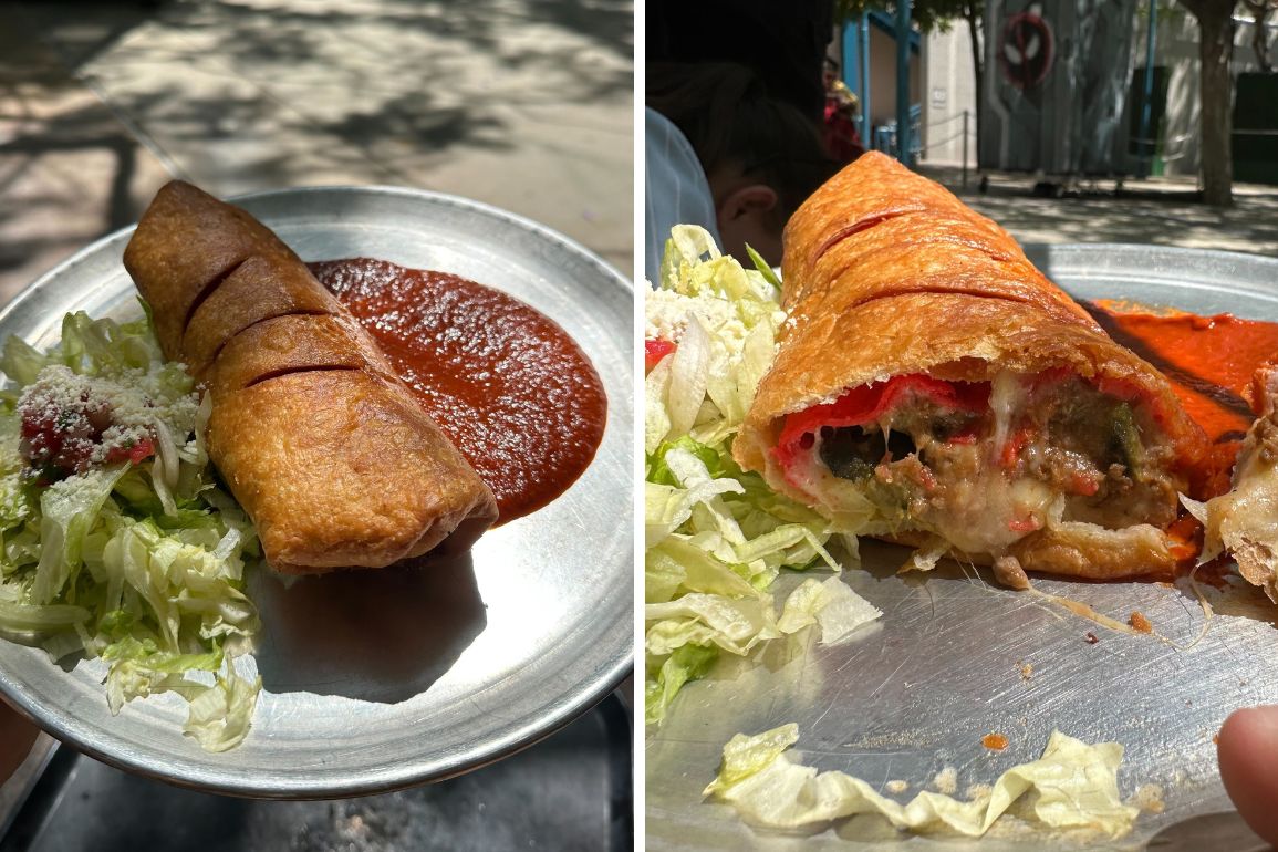 A plated serving of a crispy fried taco with a side of red salsa and shredded lettuce. The second image shows the taco cut in half, revealing a filling of meat and vegetables—a true Wolverine Chimichanga experience.