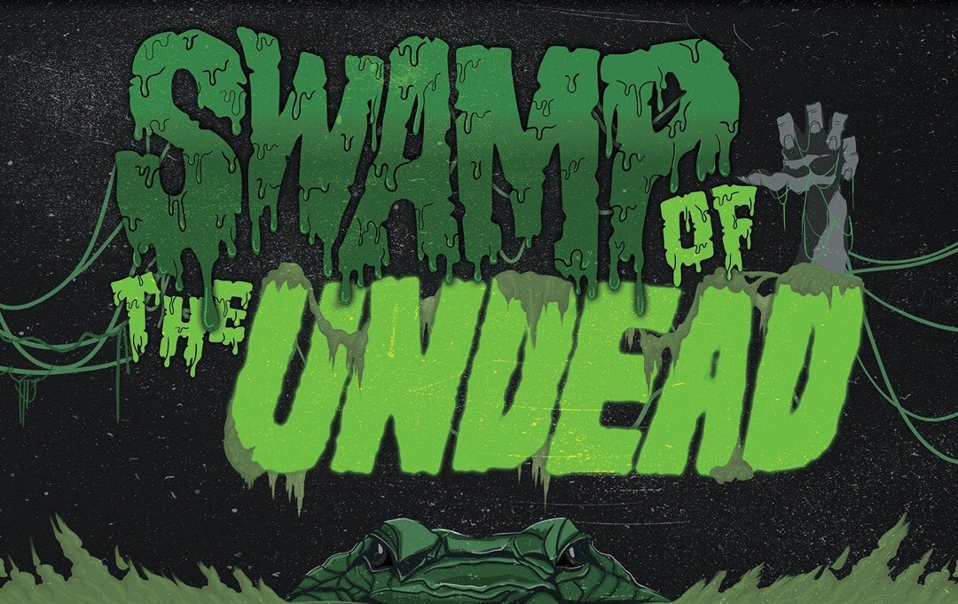 Illustration with the text "Swamp of the Undead" in green, dripping letters. A zombie hand and an alligator head with green glowing eyes are partially visible below the text, evoking a spine-tingling scare zone.
