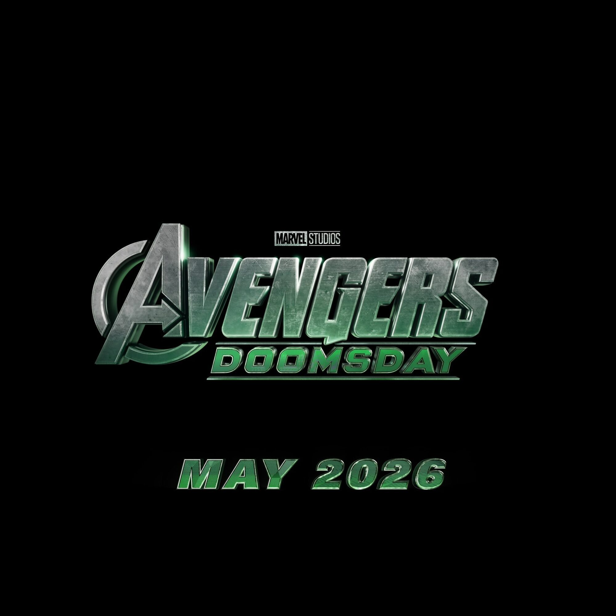 A graphic image featuring the title "Avengers: Doomsday" by Marvel Studios with a release date of May 2026 below it, showcasing the newly revealed logo.