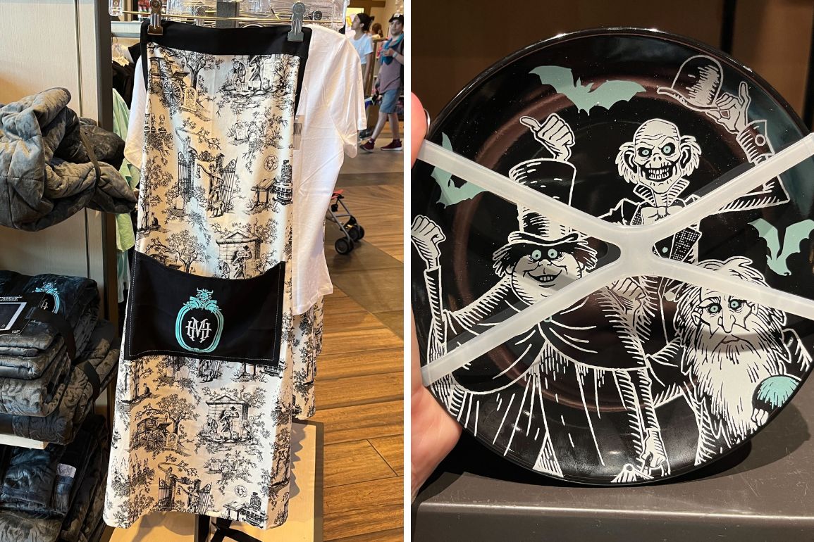 Left: A patterned apron with a black pocket and a teal emblem hanging in a store. Right: A Haunted Mansion Small Plate Set featuring a black plate with white illustrations of spooky characters, displayed with an X-shaped plastic security band.