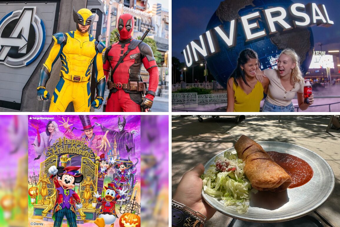 A daily recap collage featuring Marvel characters, the Universal Studios globe, two people laughing over drinks, a Disneyland Halloween poster, and a plate with two fried foods, tomato sauce, and salad.