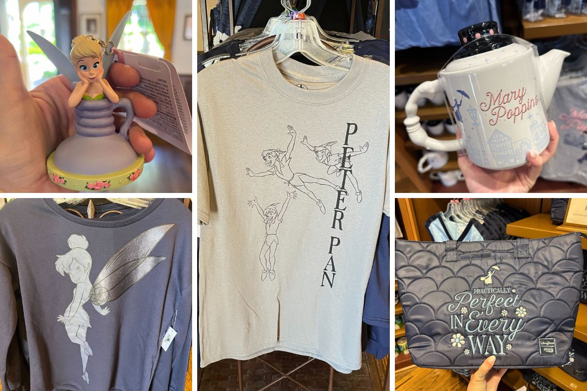 A collage of Disney-themed merchandise, featuring a Tinker Bell figurine, two Peter Pan-themed shirts, a charming Mary Poppins teapot, and a bag with "Practically perfect in every way" written on it.