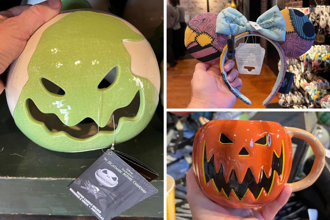 Three Halloween-themed items: a green spooky face ceramic lantern, a stitched fabric Sally Ear Headband with ears resembling pumpkins, and an orange jack-o'-lantern ceramic mug.