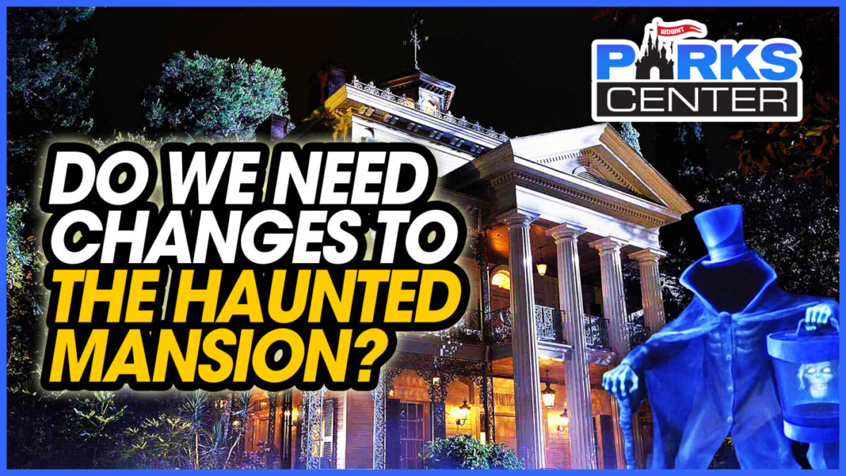 Text reads "Do we need changes to The Haunted Mansion?" against an image of a spooky mansion with a ghostly figure holding a lantern. "ParksCenter" logo is in the top right corner, providing insight and updates about your favorite theme park attractions.