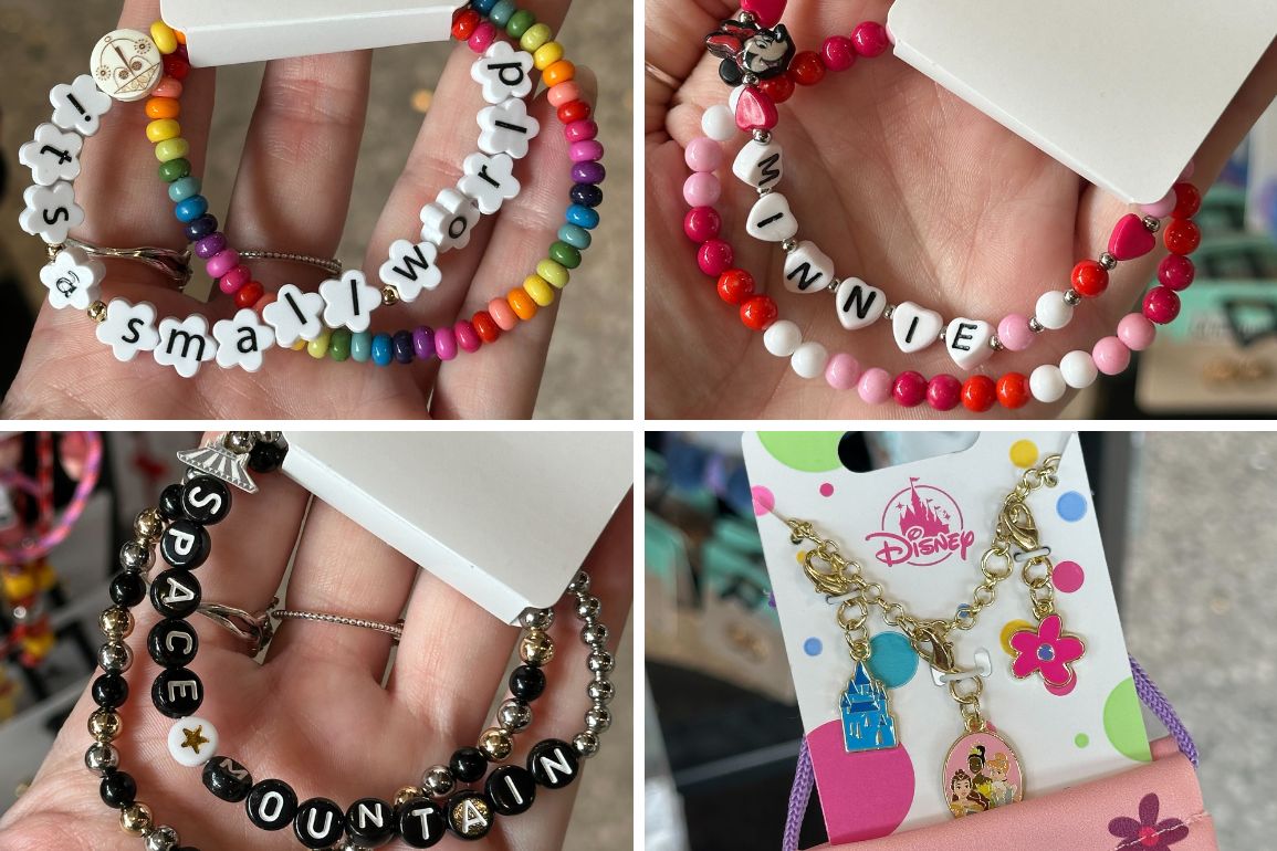 Four images of colorful, Disney-themed bracelets. The designs include "It's a Small World," "Minnie," "Space Mountain," and a Disney charm bracelet with Cinderella Castle and Minnie Mouse charms. These themed bracelets are perfect for any Disney fan!