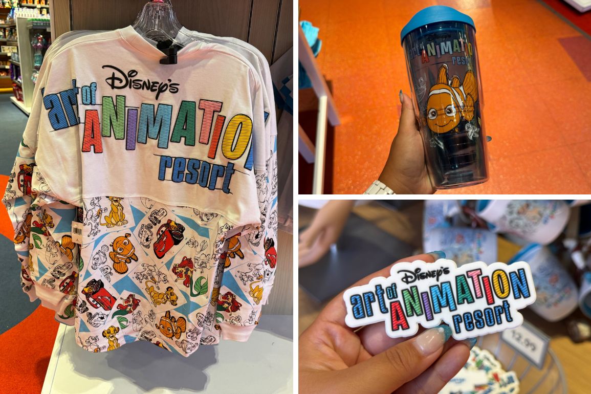 Collage of Disney's Art of Animation Resort merchandise: a colorful sweater with character designs, a travel tumbler featuring a cartoon character, and a hand holding a resort-themed keychain.
