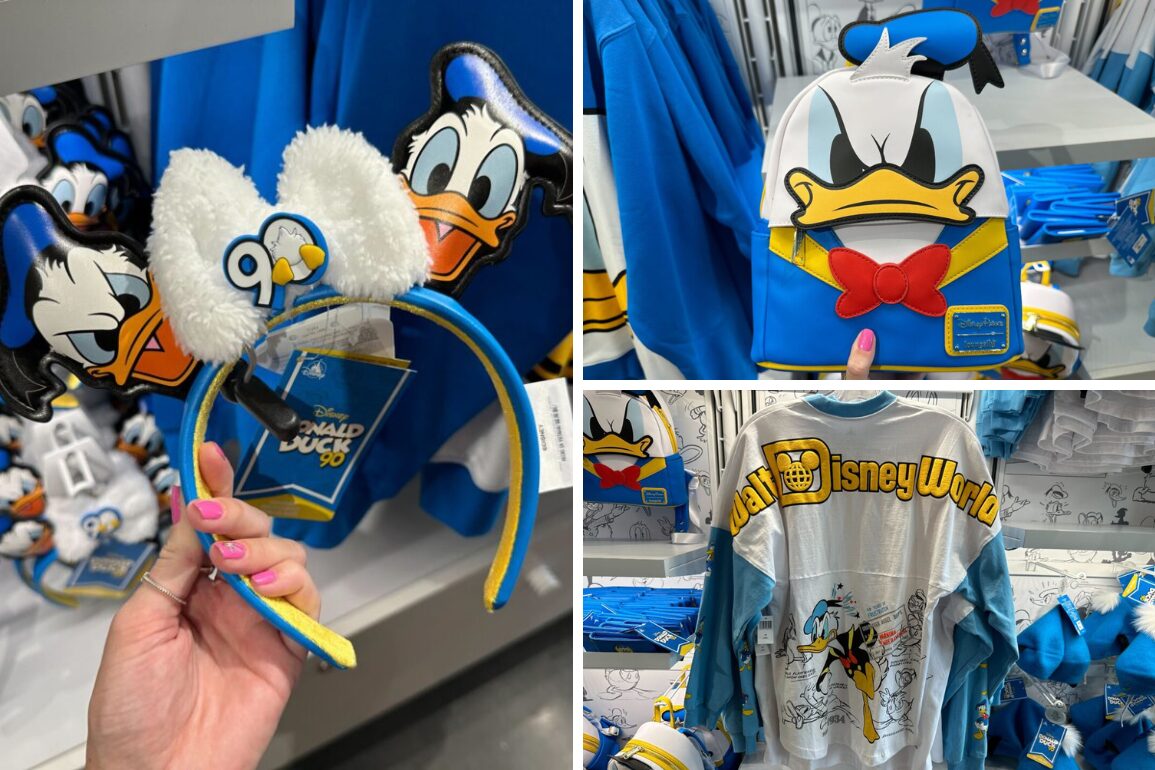 Merchandise display featuring Donald Duck 90-themed items, including a headband, a backpack, and clothing with designs celebrating his 90th anniversary.