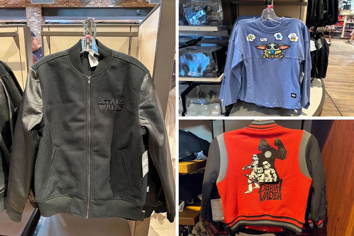 Three clothing items on display: left, a black "Star Wars" jacket; top right, a blue long-sleeve shirt with a "Yoda" graphic; bottom right, a red and black jacket featuring a "Darth Vader" design. Perfect additions to your Star Wars merchandise collection from Walt Disney World.