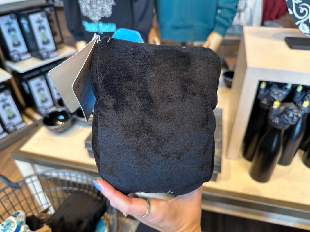 A person holding a small, black plush toy in a store. Other merchandise and shelves are visible in the background, showcasing the new Haunted Mansion merchandise.
