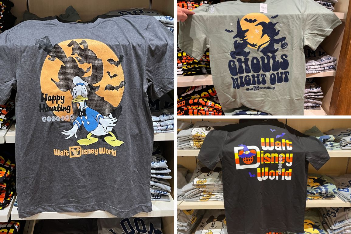 Three Halloween-themed Disney T-shirts on display. The designs feature Donald Duck with bats and pumpkins, "Ghouls Night Out," and a vintage Walt Disney World logo with Halloween motifs. These vibrant Halloween T-shirts capture the spirit of the season perfectly.