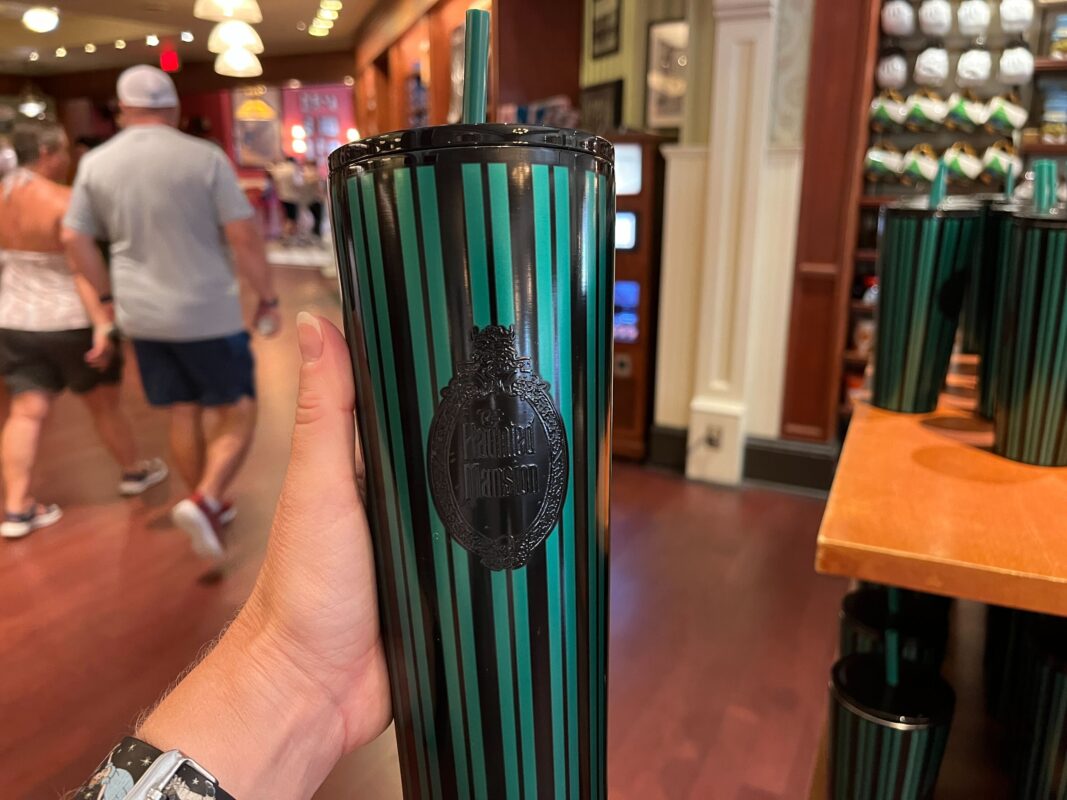 A hand holding a striped, green and black drink tumbler with a lid and straw. The tumbler is shown inside a store, with shelves and other items visible in the background.